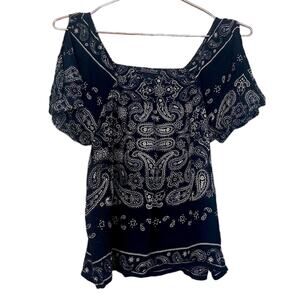 LUCKY BRAND split sleeve blue bandana square neck top size XS blouse